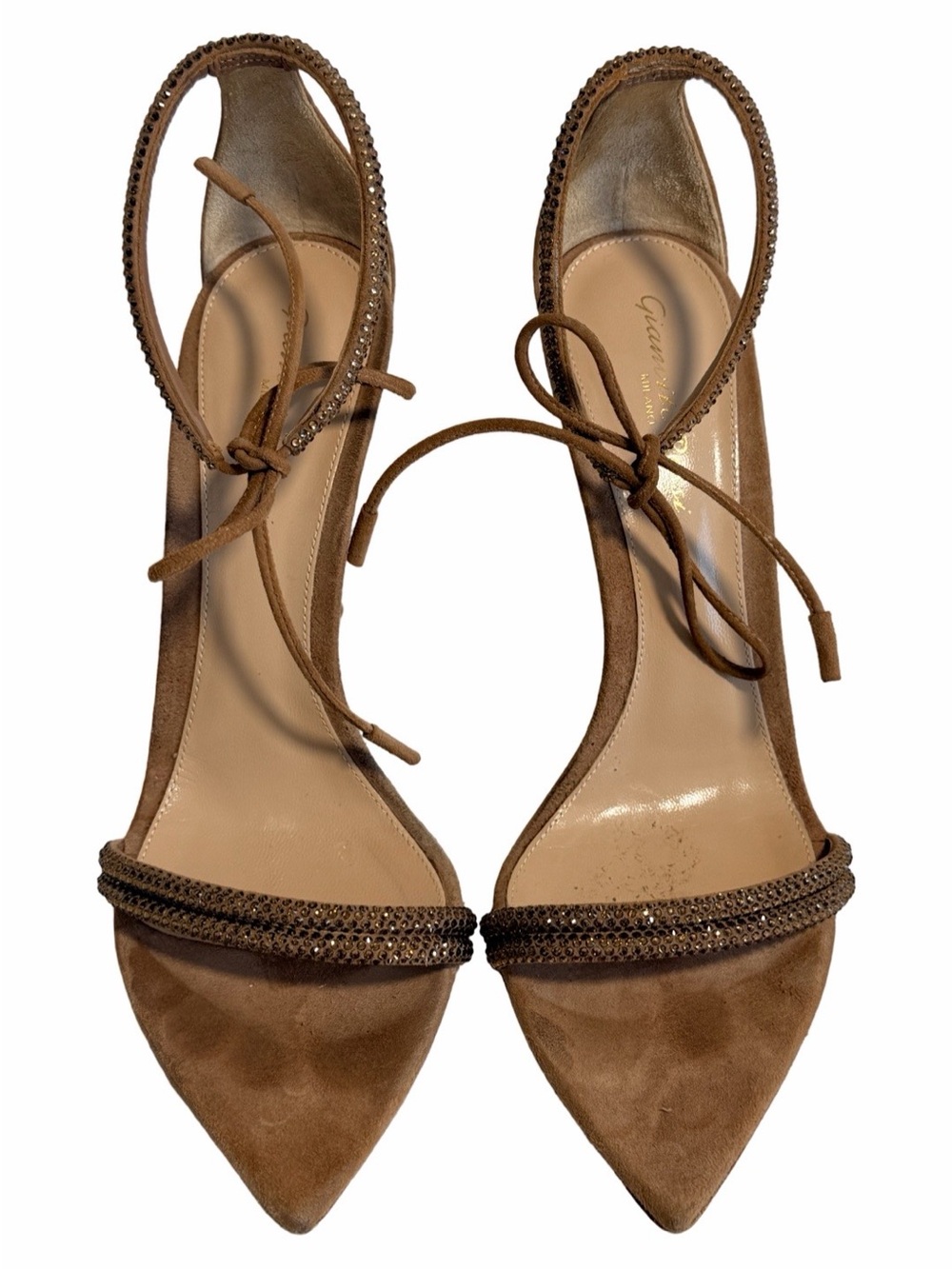Gianvito Rossi Tan Suede Crystal-Embellished Lace-Up Pumps